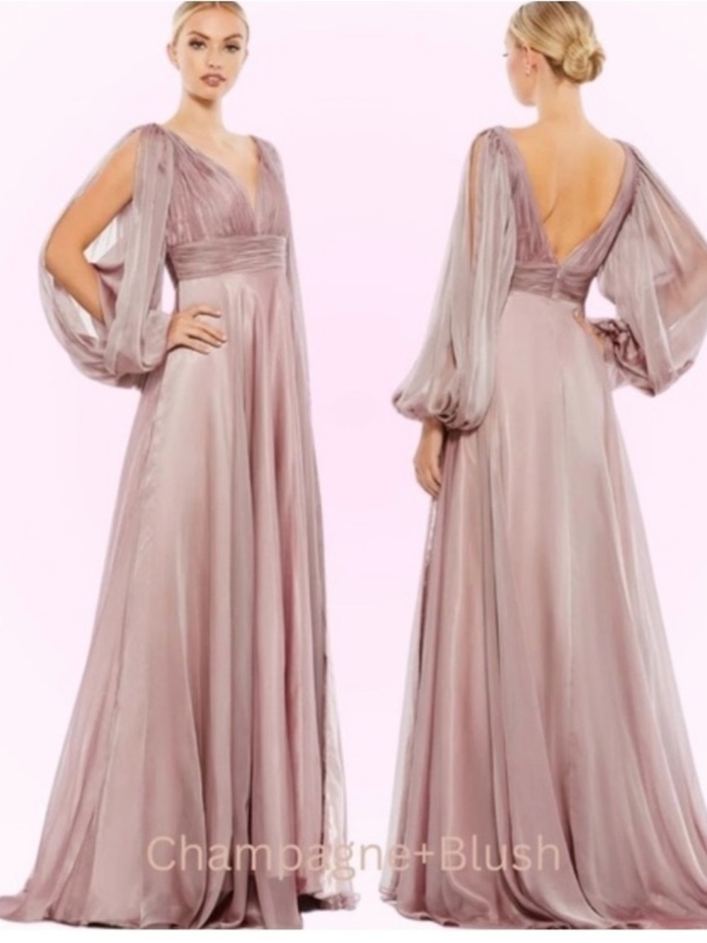 Mac Duggal Split Long Sleeve V-Neck Chiffon Gown Mocha NWT 🌴